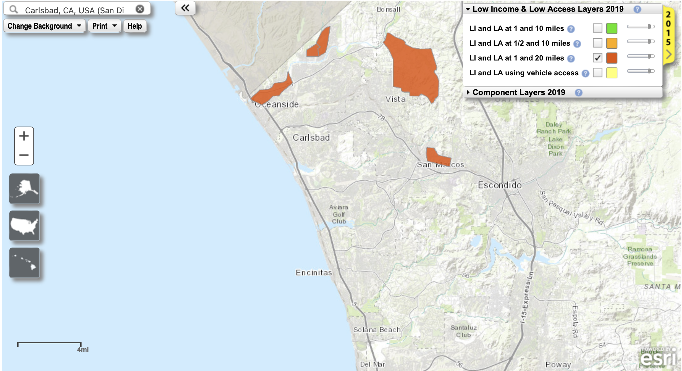 2019 USDA Food Access Atlas map of Carlsbad adjacent tracts